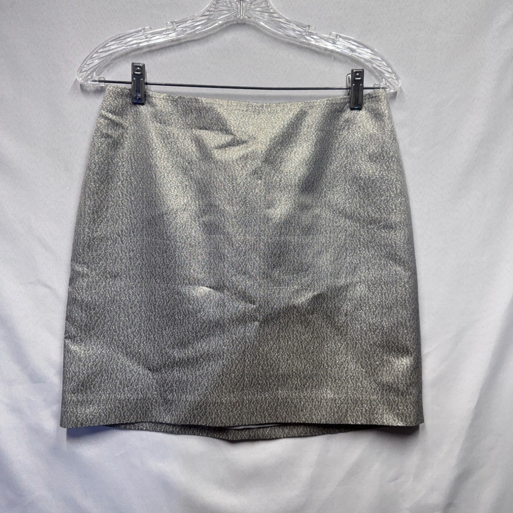 Ann Taylor Metallic Mini Skirt Womens 4P Silver Silk Blend Shimmer Party Glam